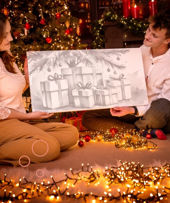 Pontokkal teli karácsony és öröm. ✨ Pontfestett kép, ajándékok a fa alatt és közös pillanatok varázsa. Így néz ki az igazi...